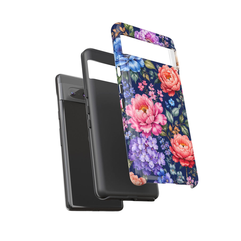 Floral Tough Phone Case – Vibrant Garden Flowers on Navy