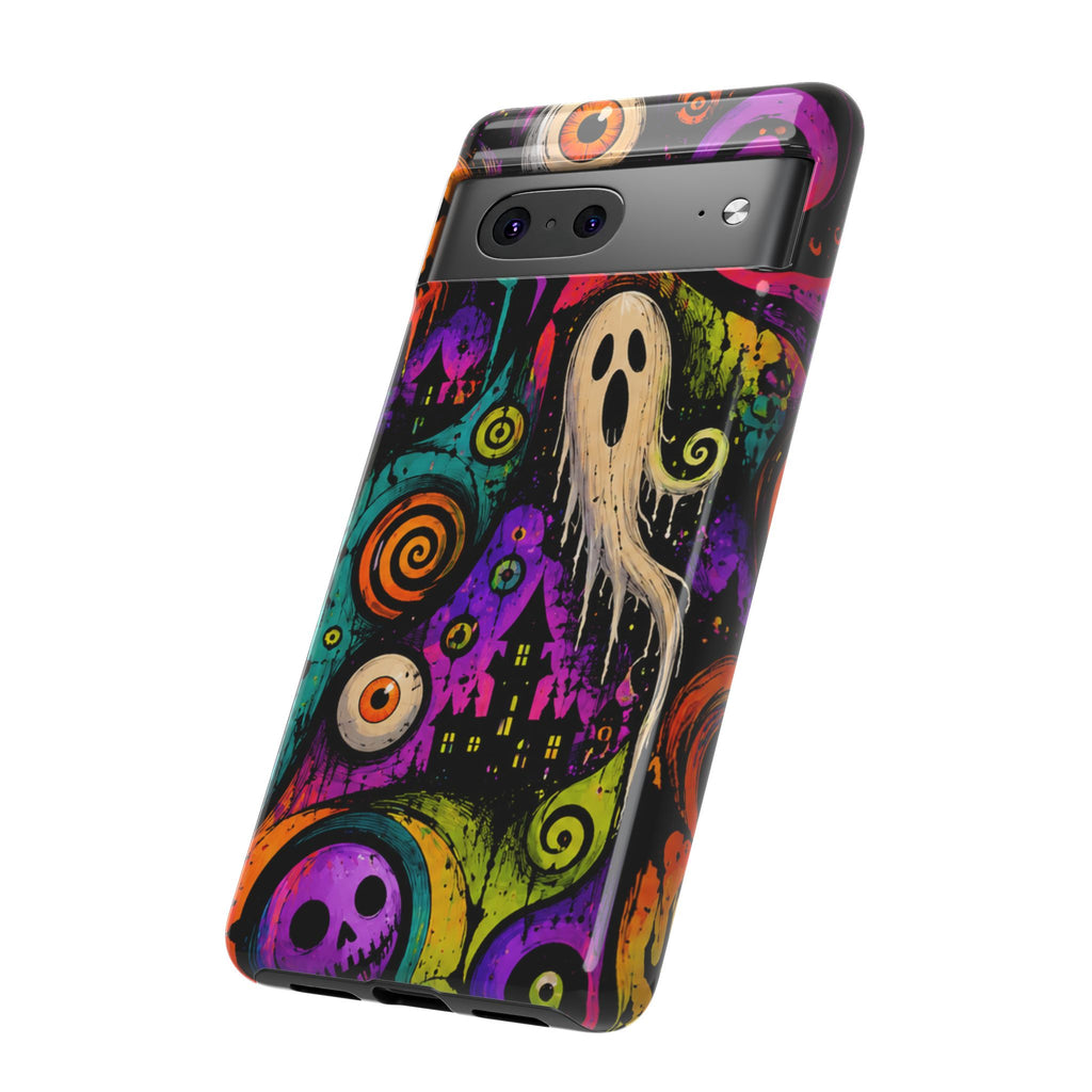 Halloween Ghost Phone Case — Colorful Spooky Skull & Haunted House Tough Case