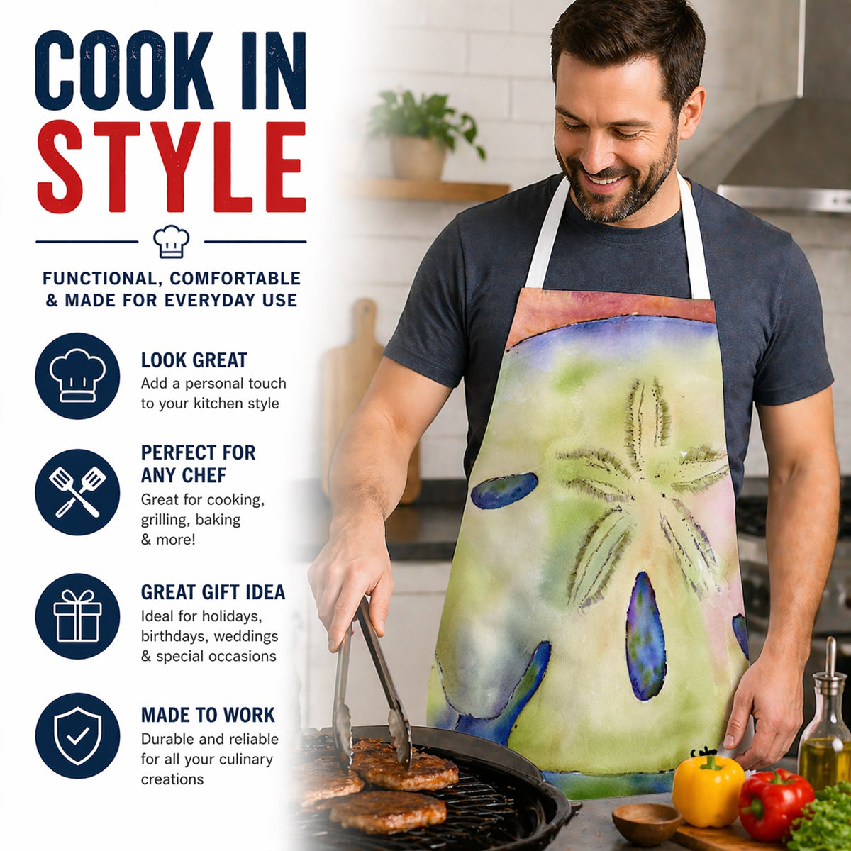 Sand Dollar Apron Cooking Kitchen Server Baking Crafts Gardening for Adult Women Men, Unisex, Large, Multicolor