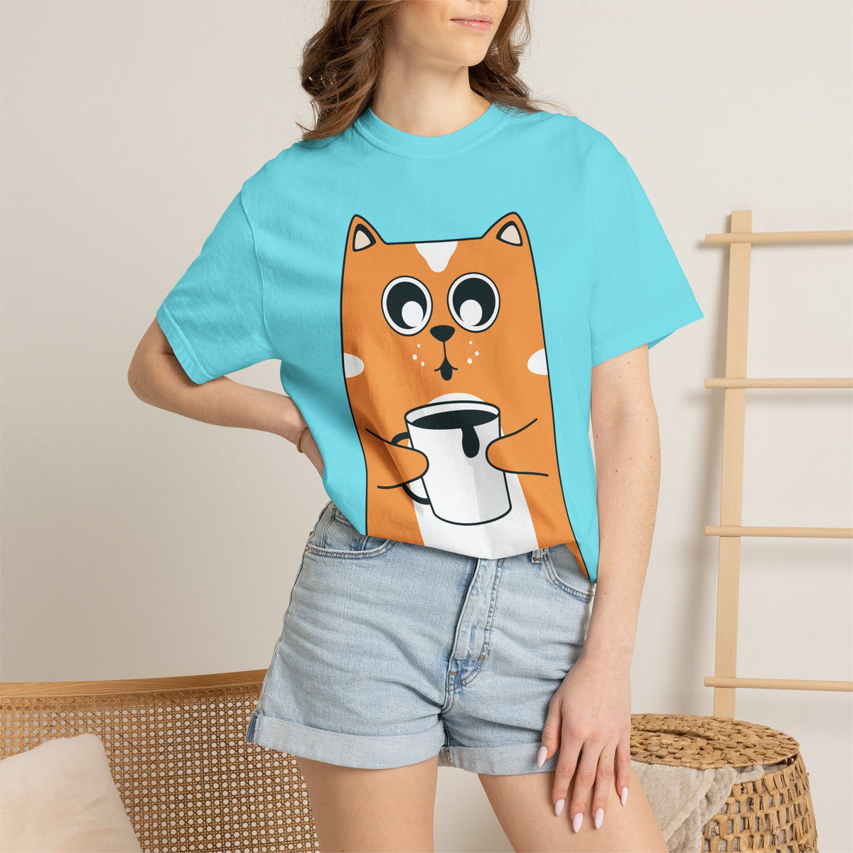 Coffee Cat T-Shirt — Cute Cat Holding Coffee Mug, “My morning doesn’t start until the coffee clocks in” Tee