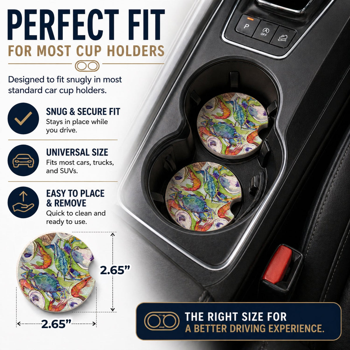 Crab Shrimp Oysters Set of 2 Cup Holder Car Coasters Absorbent Round Sandstone Coasters Gifts for Men or Women, 2.5, Multicolor