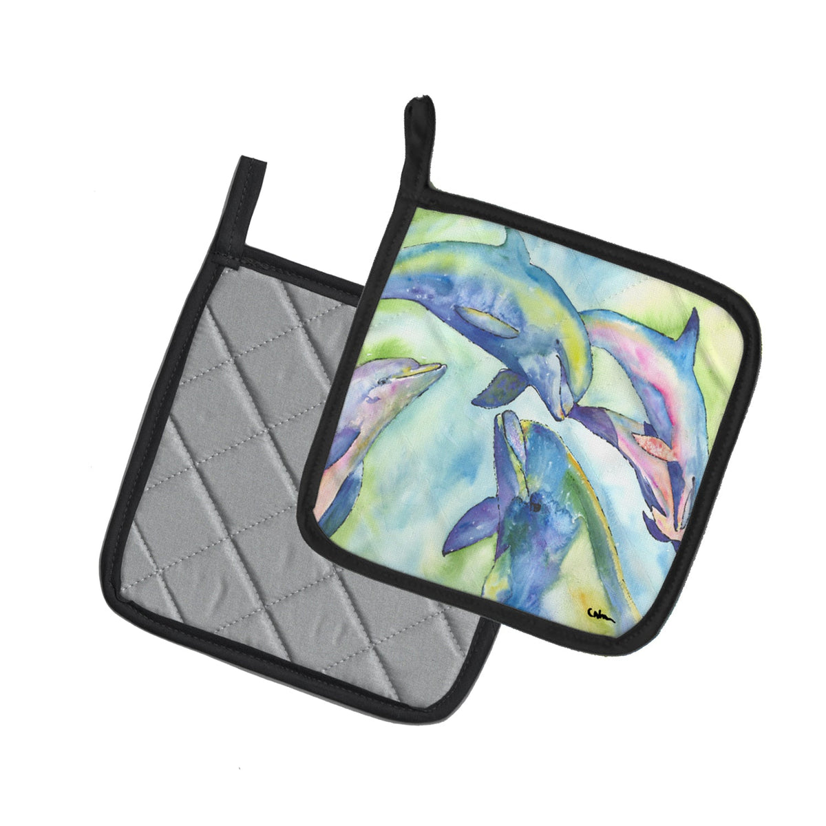 Dolphin Pot Holder Set of 2 Heat Resistant Quilted Hot Pads 7.5 x 7.5 Inch, Insulated Kitchen Trivets for Cooking & Baking