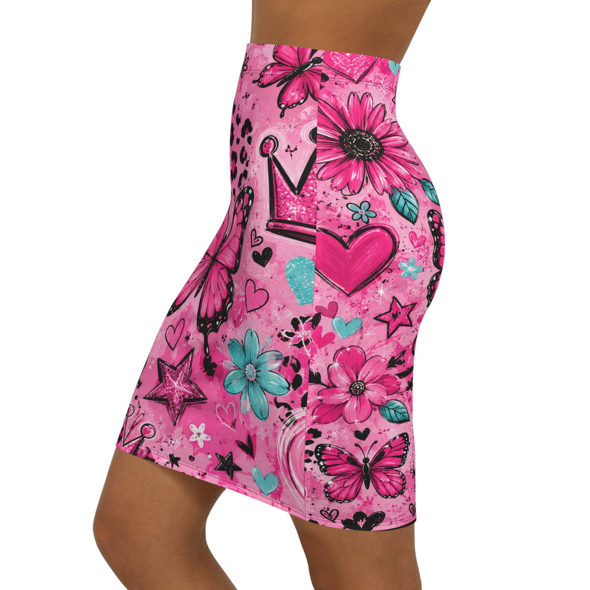 Pink Butterfly Doodle Pencil Skirt — Floral Hearts & Crown Print