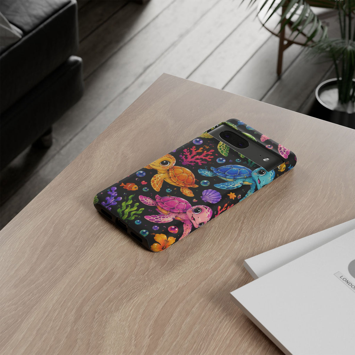 Phone Case — Colorful Cute Sea Turtles on Black (Protective Smartphone Cover)