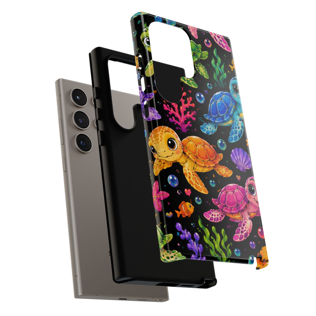 Phone Case — Colorful Cute Sea Turtles on Black (Protective Smartphone Cover)