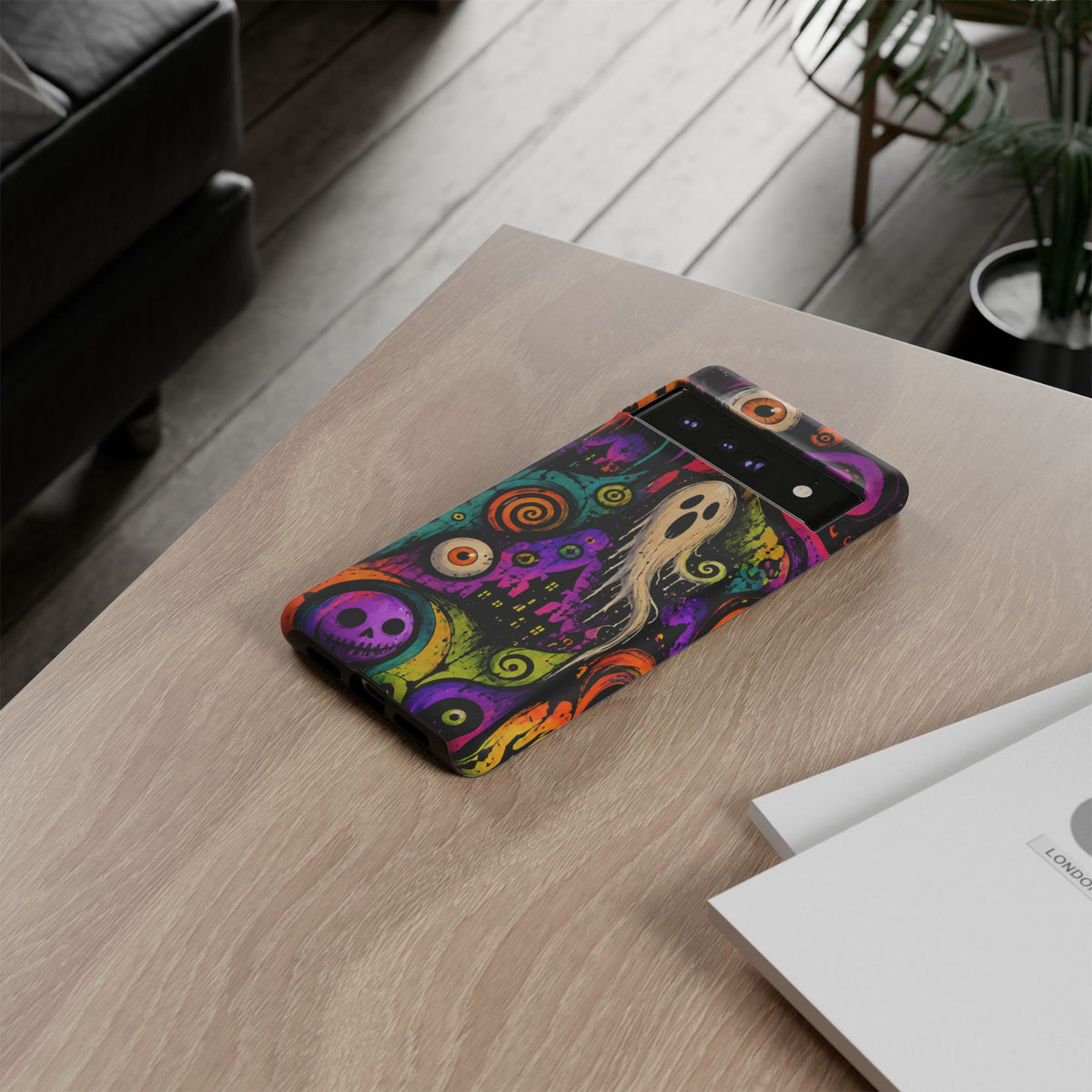 Halloween Ghost Phone Case — Colorful Spooky Skull & Haunted House Tough Case