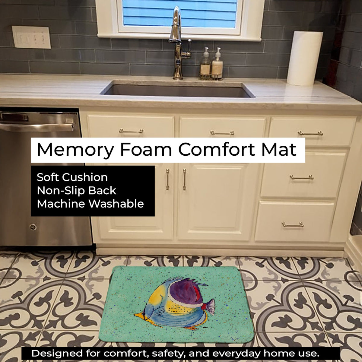Tropical Fish on Teal Memory Foam Kitchen Mat Machine Washable Anti-Fatigue Cushion Comfort Bath or Kitchen Rug