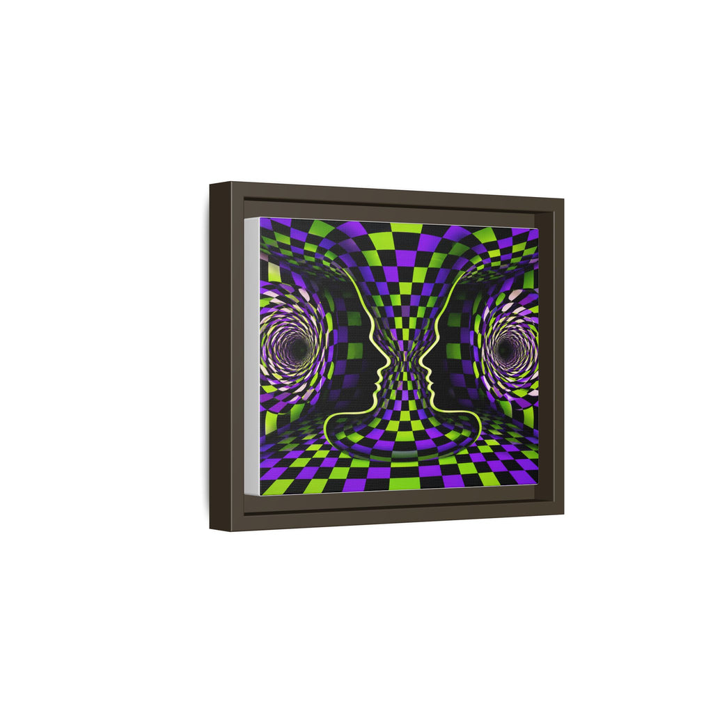 Framed Psychedelic Illusion Art Print — Abstract Checkerboard Faces (Purple & Green)