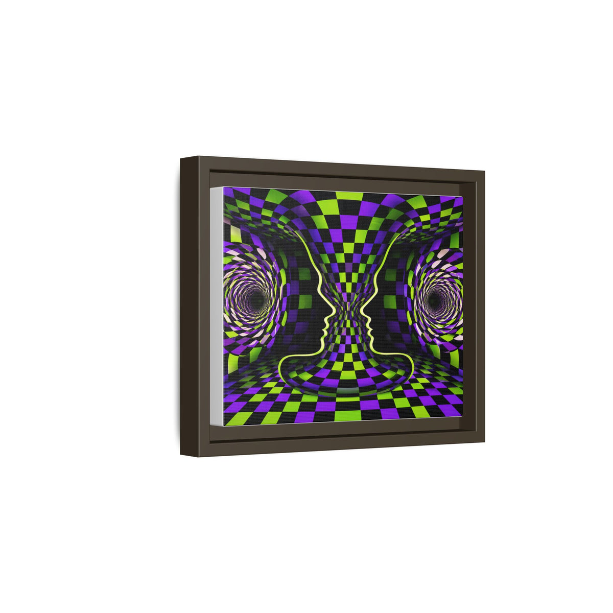 Framed Psychedelic Illusion Art Print — Abstract Checkerboard Faces (Purple & Green)