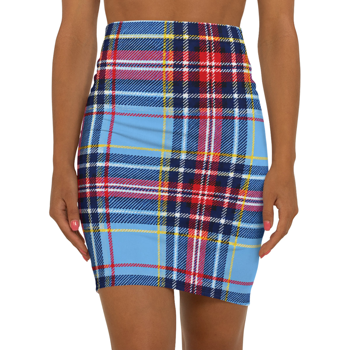 Blue Tartan Pencil Skirt — Plaid Mid-Rise Bodycon Skirt