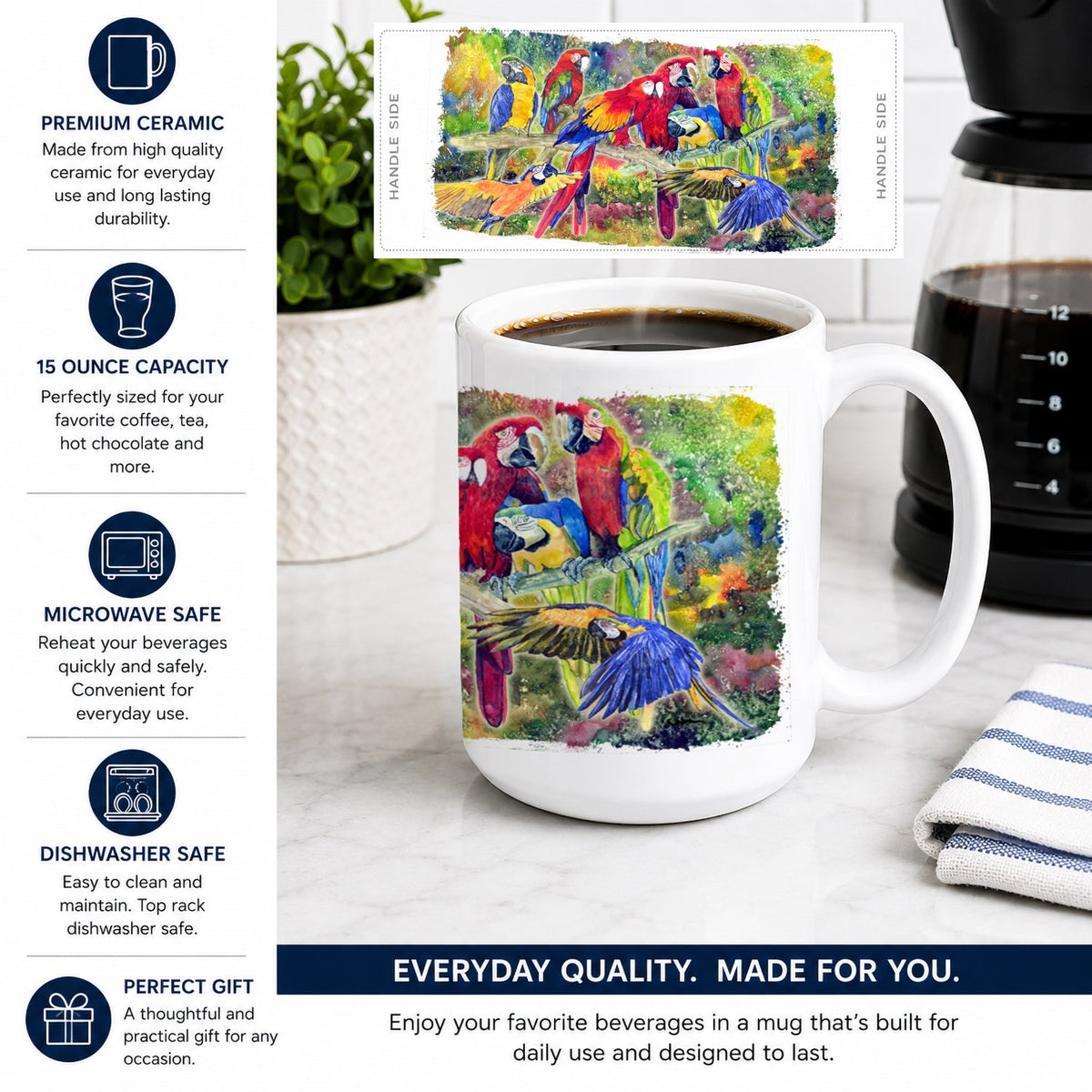 Parrot Ceramic Coffee Mug 15 oz Decorative Large C Handle Mug Cup for Tea, Cocoa Hot Chocolate