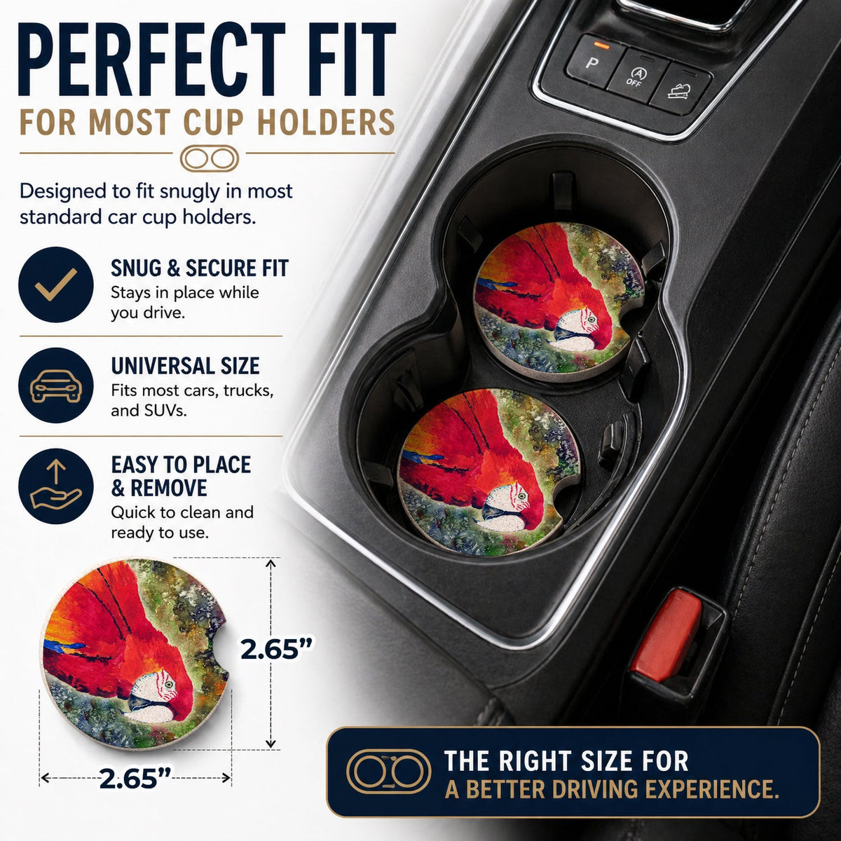 Parrot  Parrot Head Set of 2 Cup Holder Car Coasters Absorbent Round Sandstone Coasters Gifts for Men or Women, 2.5, Multicolor