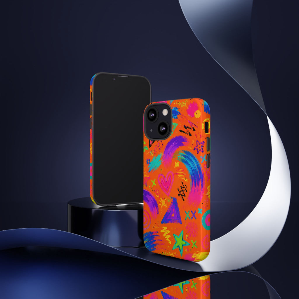 Colorful Neon Doodle Phone Case — Bright Abstract Stars & Hearts Tough Case