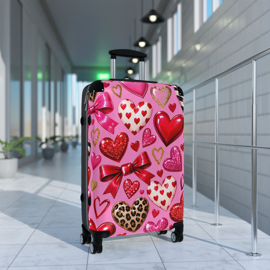 Valentine Heart Pattern Suitcase – Pink Glitter & Leopard Hearts Carry-On