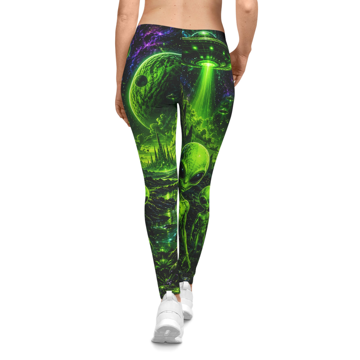 Neon Alien Leggings — Glow Green UFO & Extraterrestrial All-Over Print