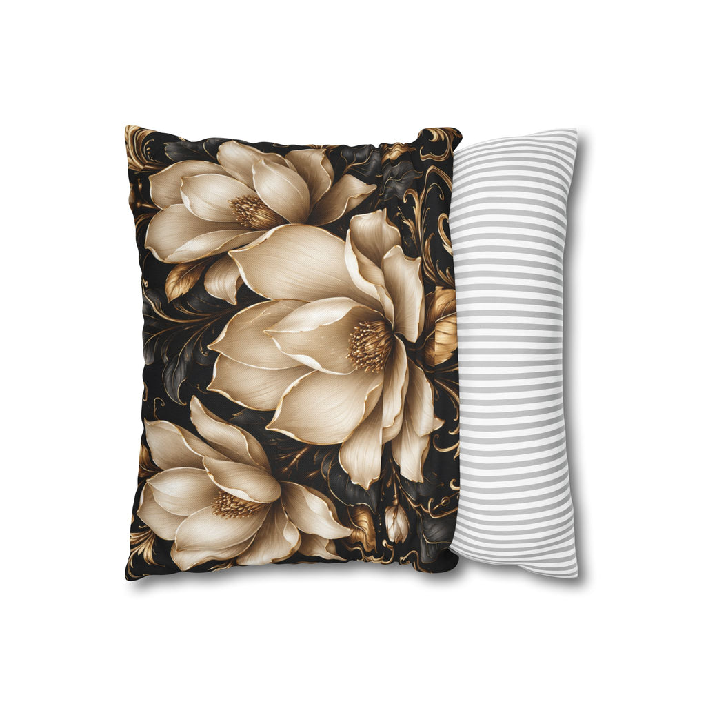 Floral Velvet Magnolia Pillowcase — Elegant Cream Blossoms on Black