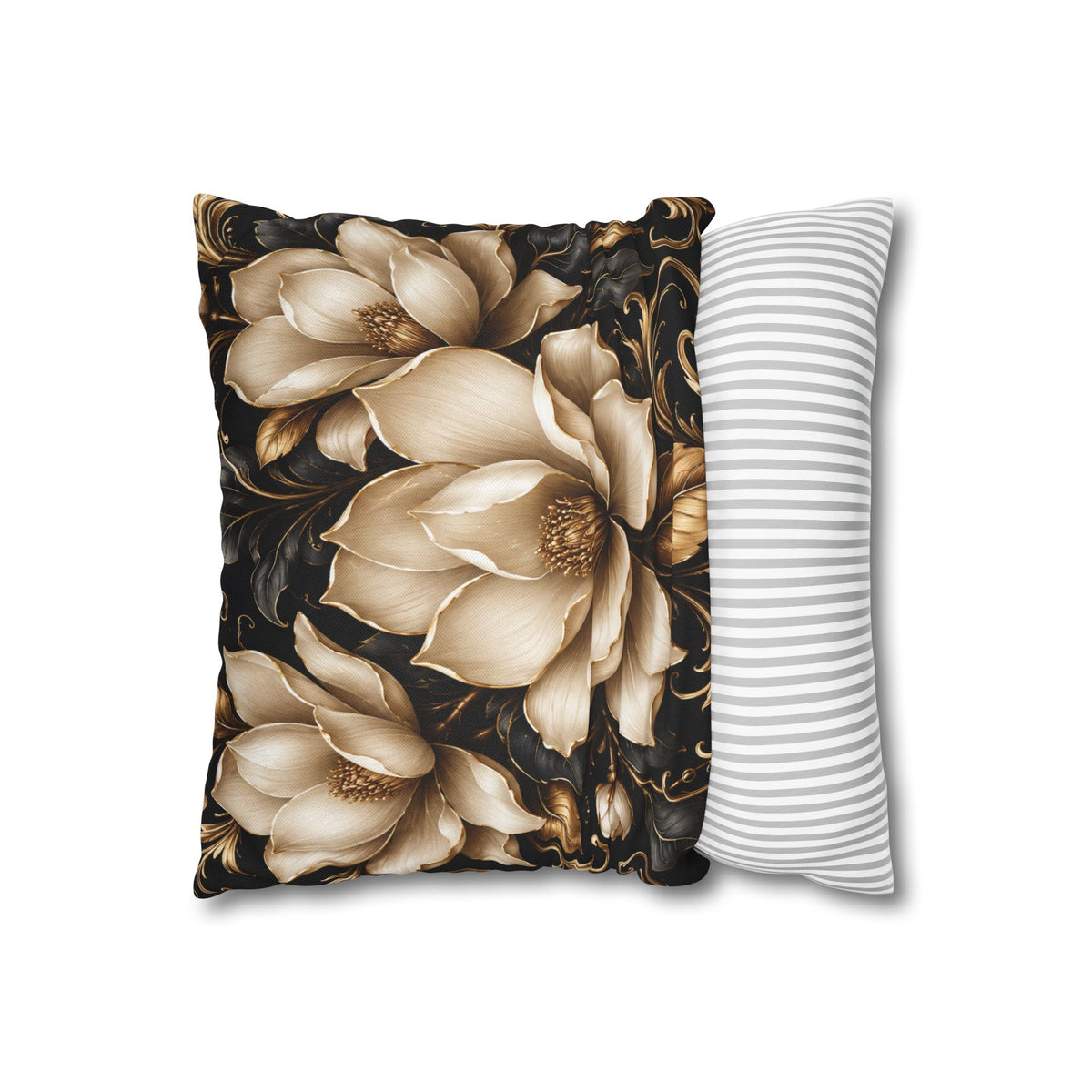 Floral Velvet Magnolia Pillowcase — Elegant Cream Blossoms on Black