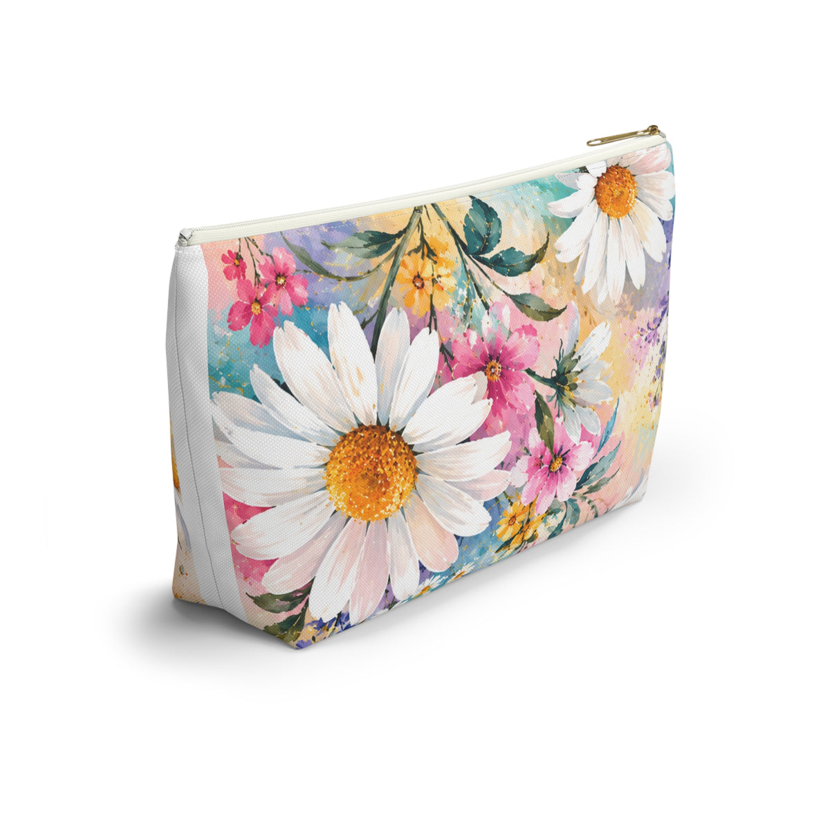 Daisy Meadow Accessory Pouch — Floral Cosmetic T‑Bottom Bag