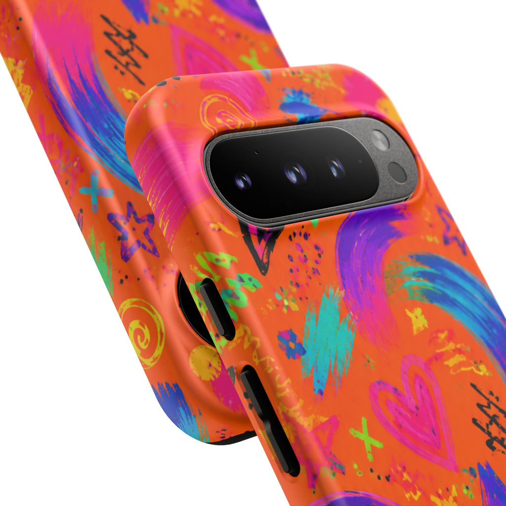Colorful Neon Doodle Phone Case — Bright Abstract Stars & Hearts Tough Case