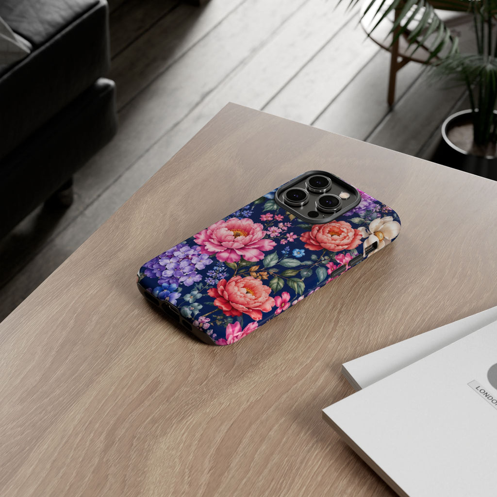 Floral Tough Phone Case – Vibrant Garden Flowers on Navy