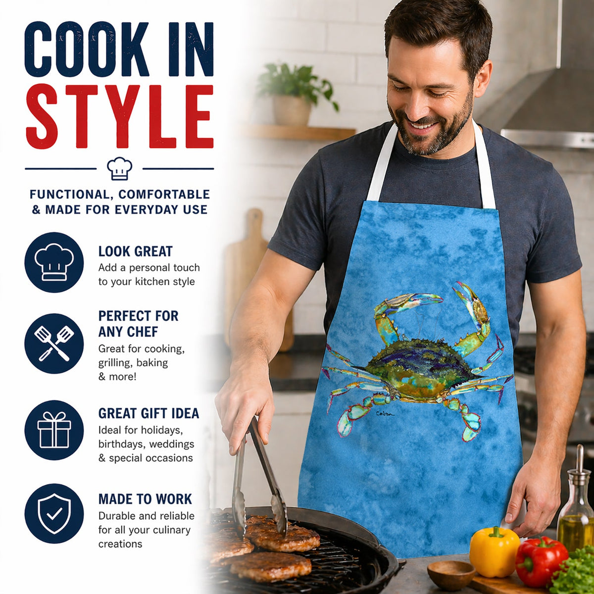 Crab Apron Cooking Kitchen Server Baking Crafts Gardening for Adult Women Men, Unisex, Large, Multicolor