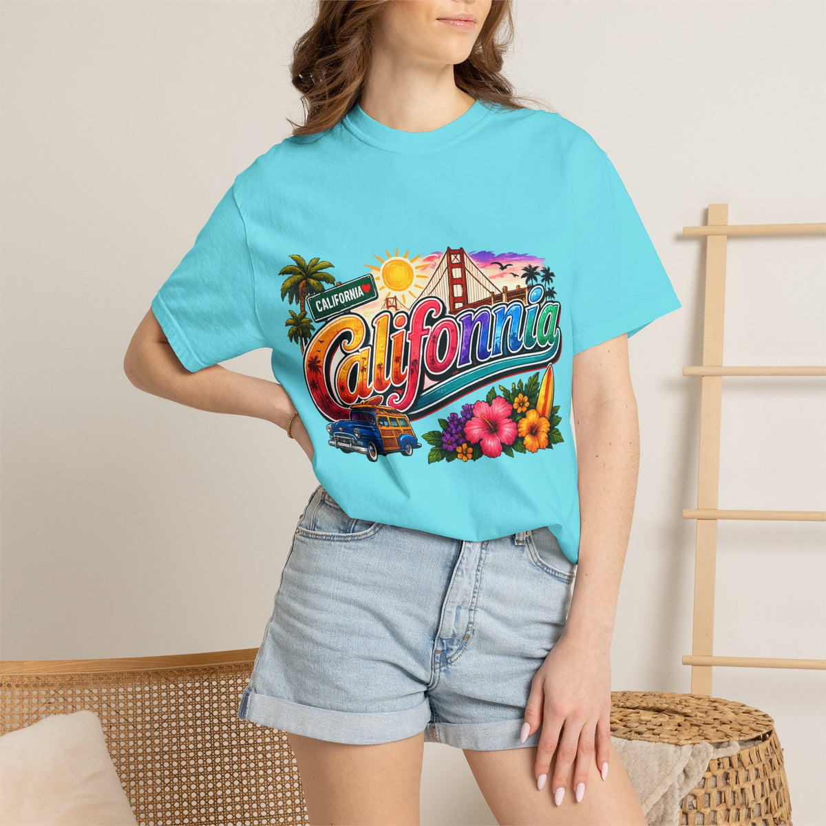 California Retro Sunset T-shirt | Golden Gate, Palm Trees & Surf