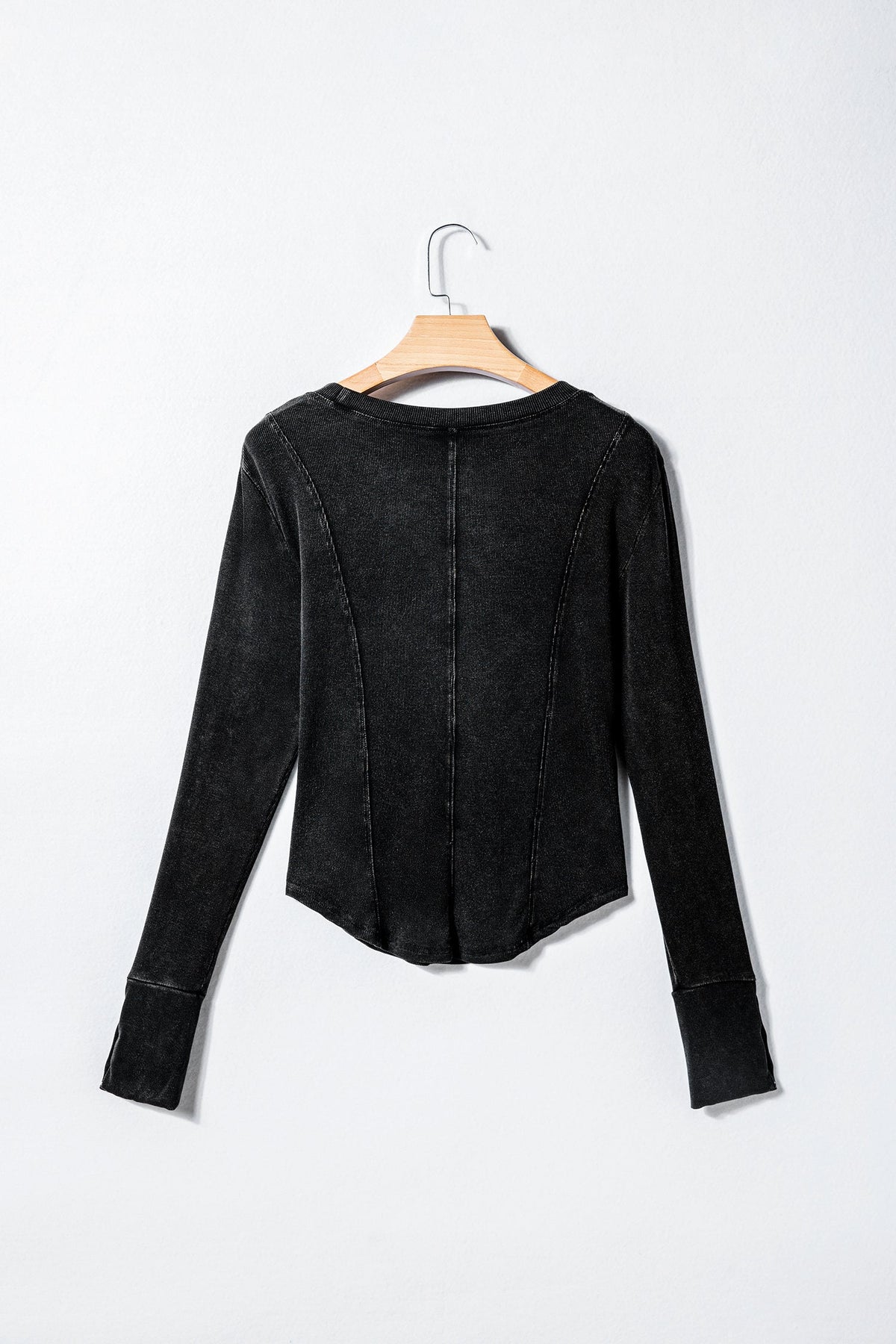 Solid Ribbed Knit Buttoned Long Sleeve Top