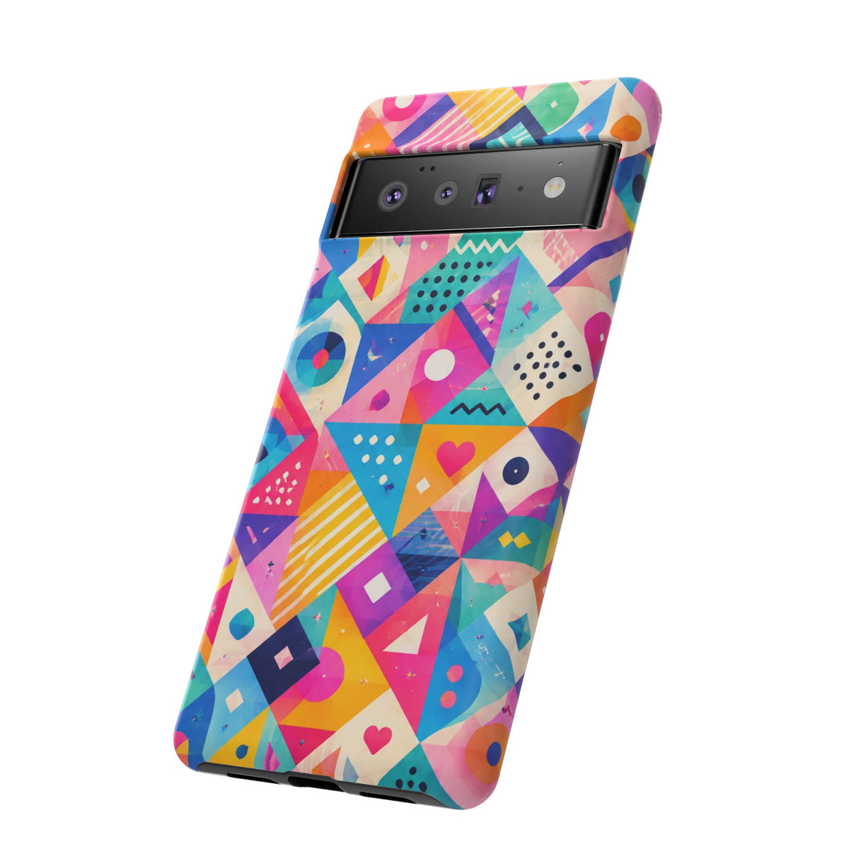 Colorful Geometric Tough Phone Case — Bright Abstract Heart & Triangle Pattern