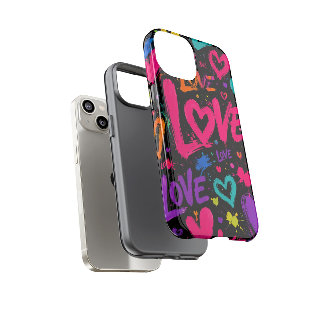 Phone Case — Neon Graffiti "Love" Hearts Protective Tough Case