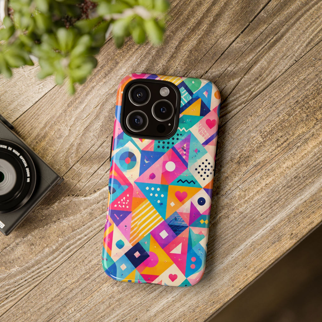 Colorful Geometric Tough Phone Case — Bright Abstract Heart & Triangle Pattern