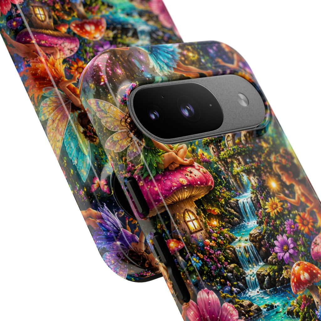 Fairy Garden Tough Phone Case — Whimsical Cottage, Waterfall & Mushroom Artwork