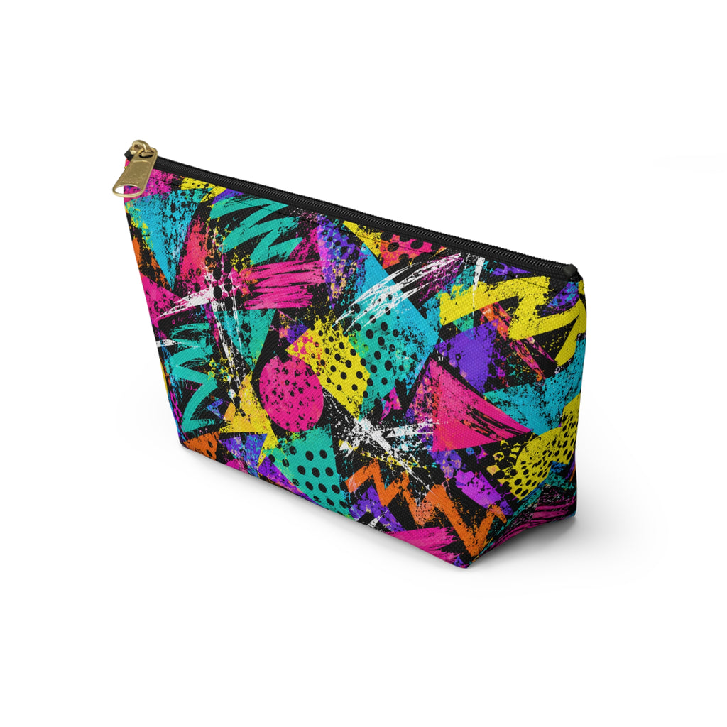 Neon 90s Retro Accessory Pouch — Geometric Splash Makeup Bag