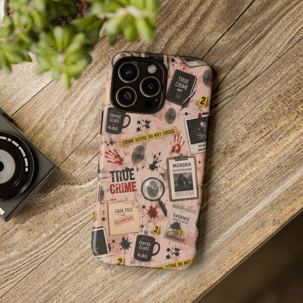 True Crime Pattern Phone Case – Detective Evidence, Crime Scene Tape & 'True Crime' Design