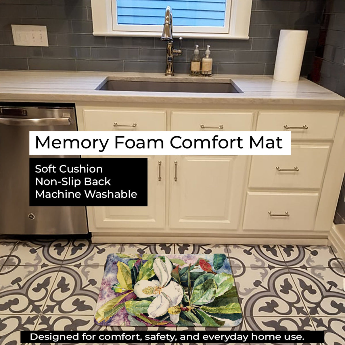 Magnolia Memory Foam Kitchen Mat Machine Washable Anti-Fatigue Cushion Comfort Bath or Kitchen Rug