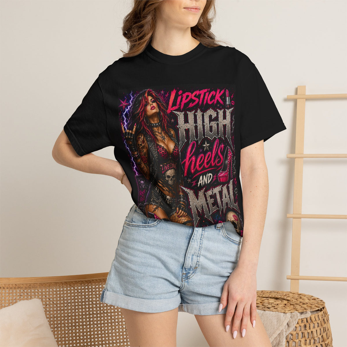 Lipstick High Heels and Metal T-shirt | Rock Skull Pinup