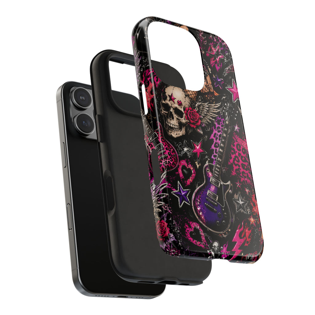 Rock Skull Guitar Phone Case — Edgy Pink Skull & Roses Tough Phone Case