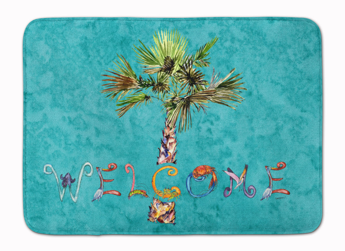 Welcome Palm Tree on Teal Memory Foam Kitchen Mat Machine Washable Anti-Fatigue Cushion Comfort Bath or Kitchen Rug