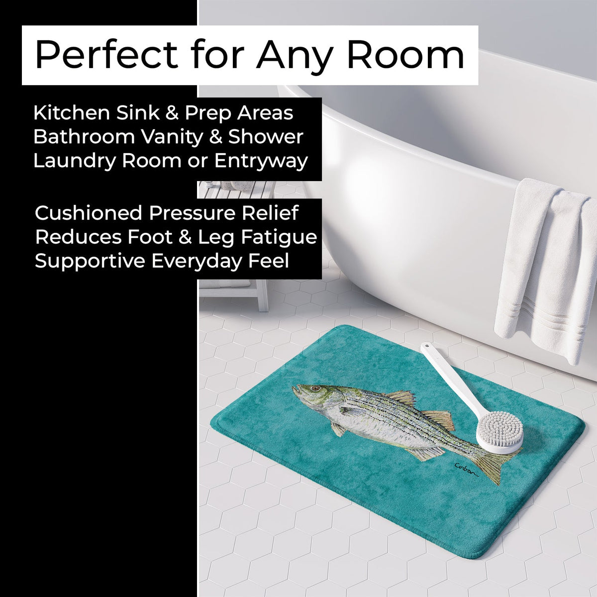 Striped Bass Fish Memory Foam Kitchen Mat Machine Washable Anti-Fatigue Cushion Comfort Bath or Kitchen Rug