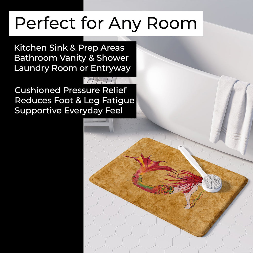 Ginger Red Headed Mermaid on Gold Memory Foam Kitchen Mat Machine Washable Anti-Fatigue Cushion Comfort Bath or Kitchen Rug