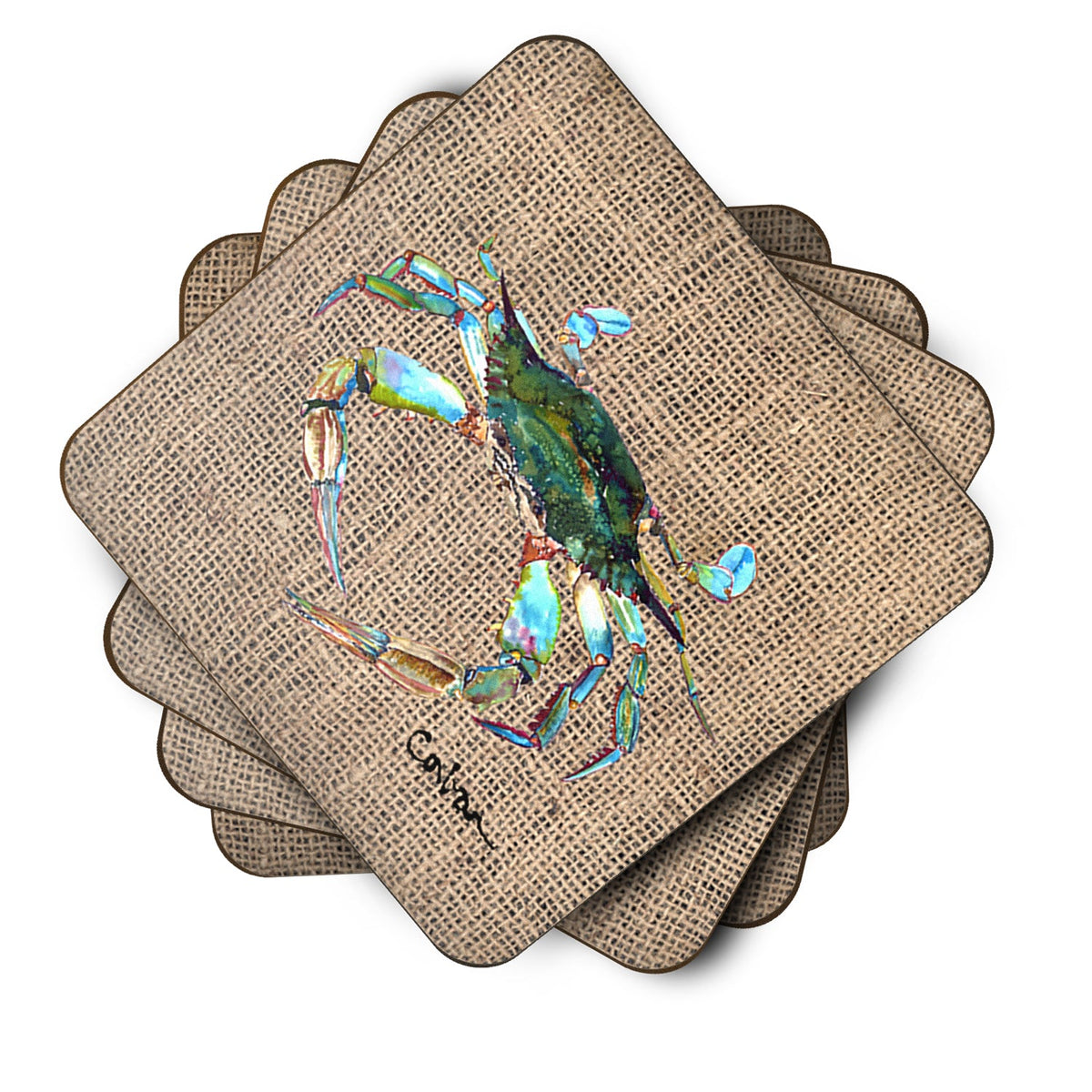 Blue Crab on Faux Burlap Foam Coasters Set of 4 Cup Coasters for Indoor Outdoor, Tabletop Protection, Anti Slip, Mouse pad Material