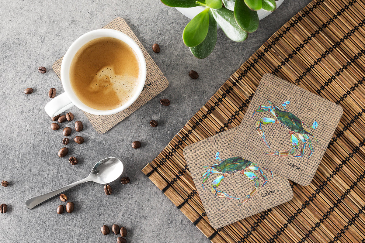 Blue Crab on Faux Burlap Foam Coasters Set of 4 Cup Coasters for Indoor Outdoor, Tabletop Protection, Anti Slip, Mouse pad Material
