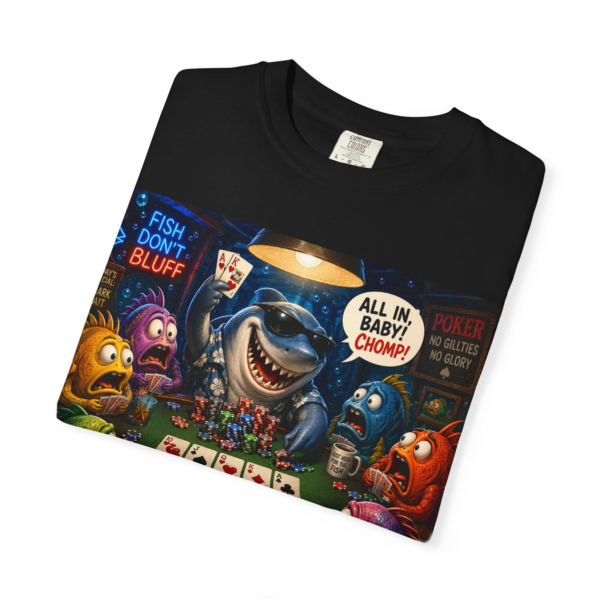 Shark Poker Night T-Shirt — 'All In Baby! Chomp' Novelty Graphic Tee