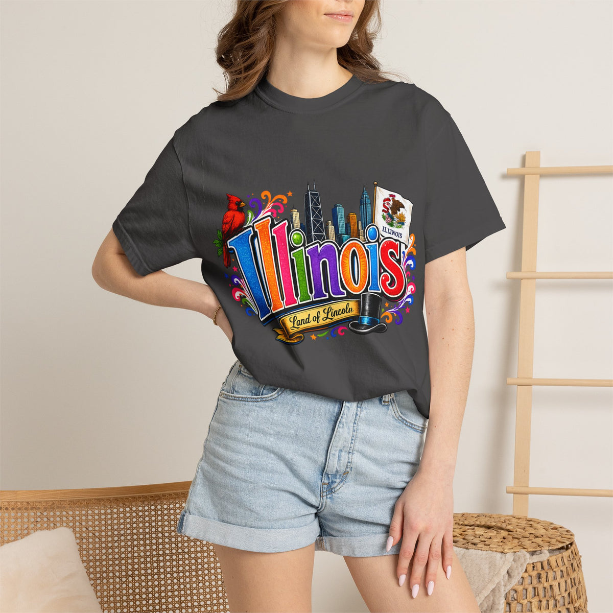 Illinois state skyline tee | Illinois T-shirt with cardinal and state flag