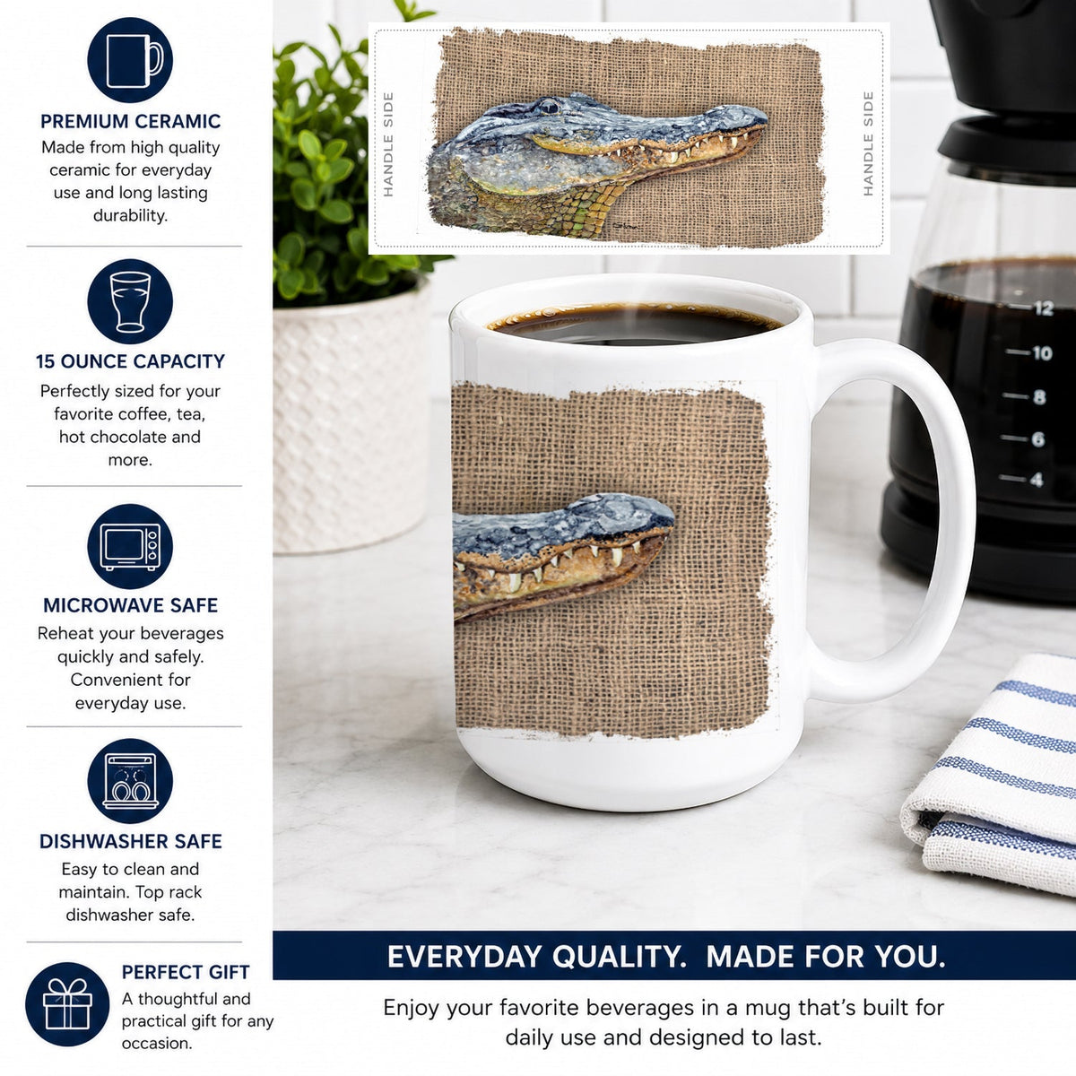 Alligator Ceramic Coffee Mug 15 oz Decorative Large C Handle Mug Cup for Tea, Cocoa Hot Chocolate