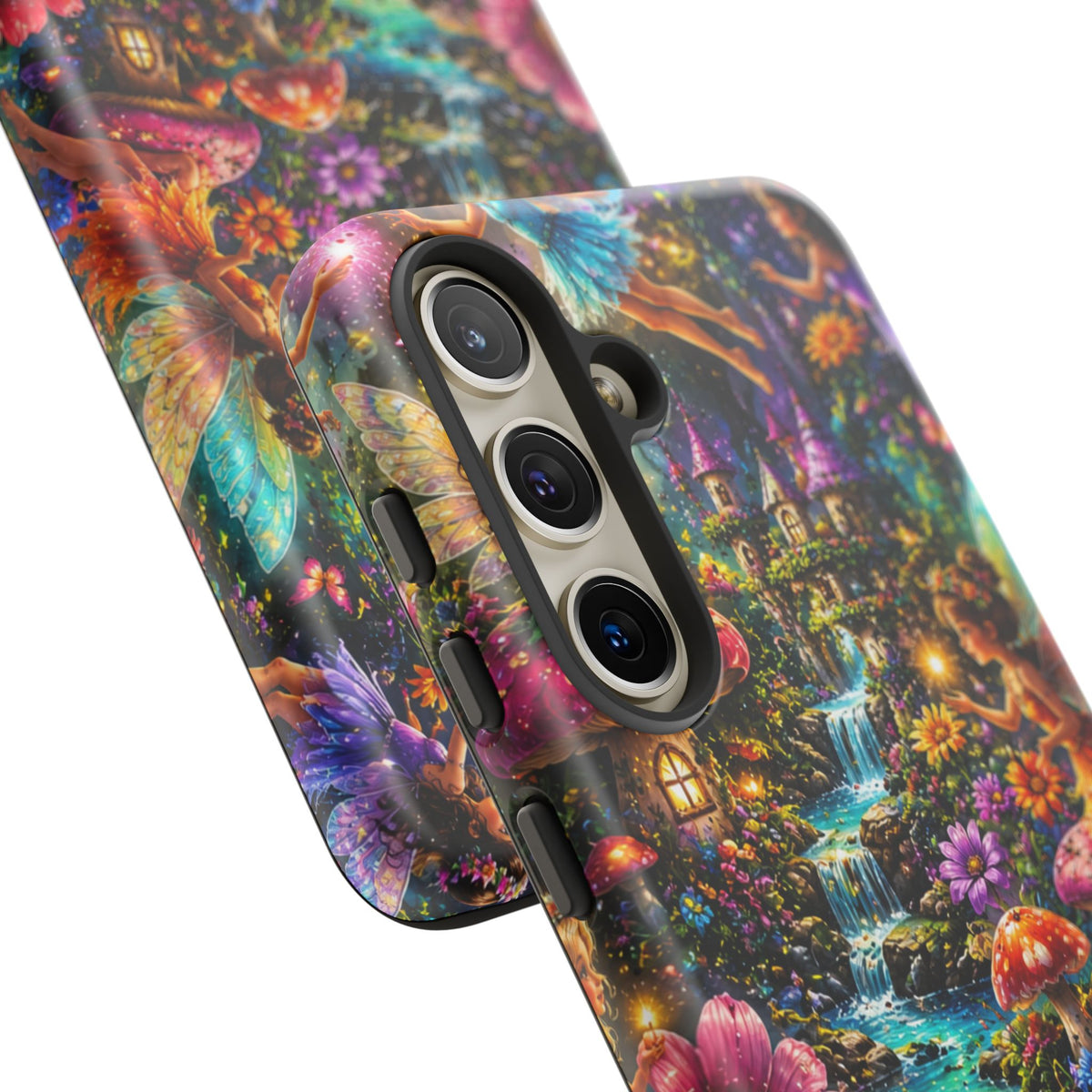 Fairy Garden Tough Phone Case — Whimsical Cottage, Waterfall & Mushroom Artwork
