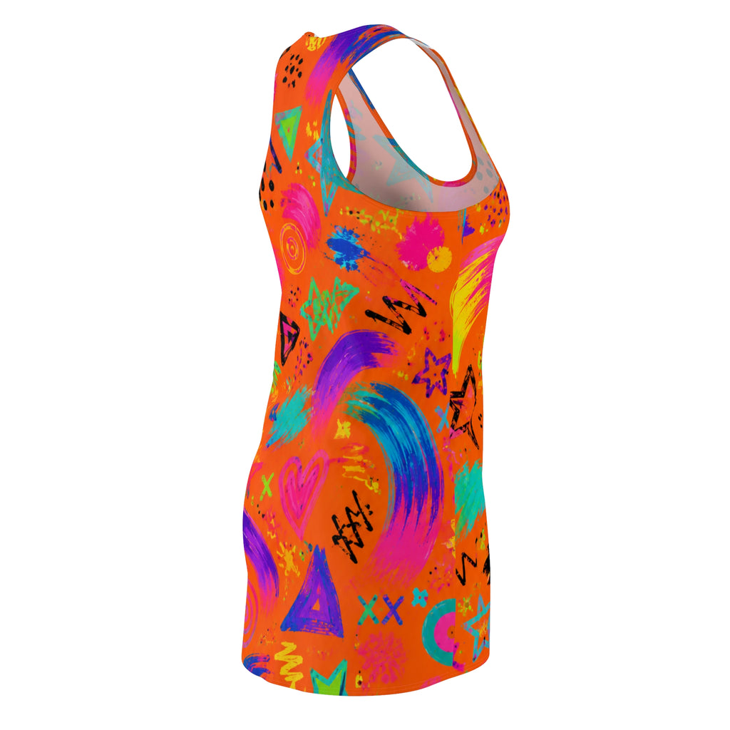 Neon Graffiti Racerback Dress — Bright Abstract Stars & Hearts All-Over Print