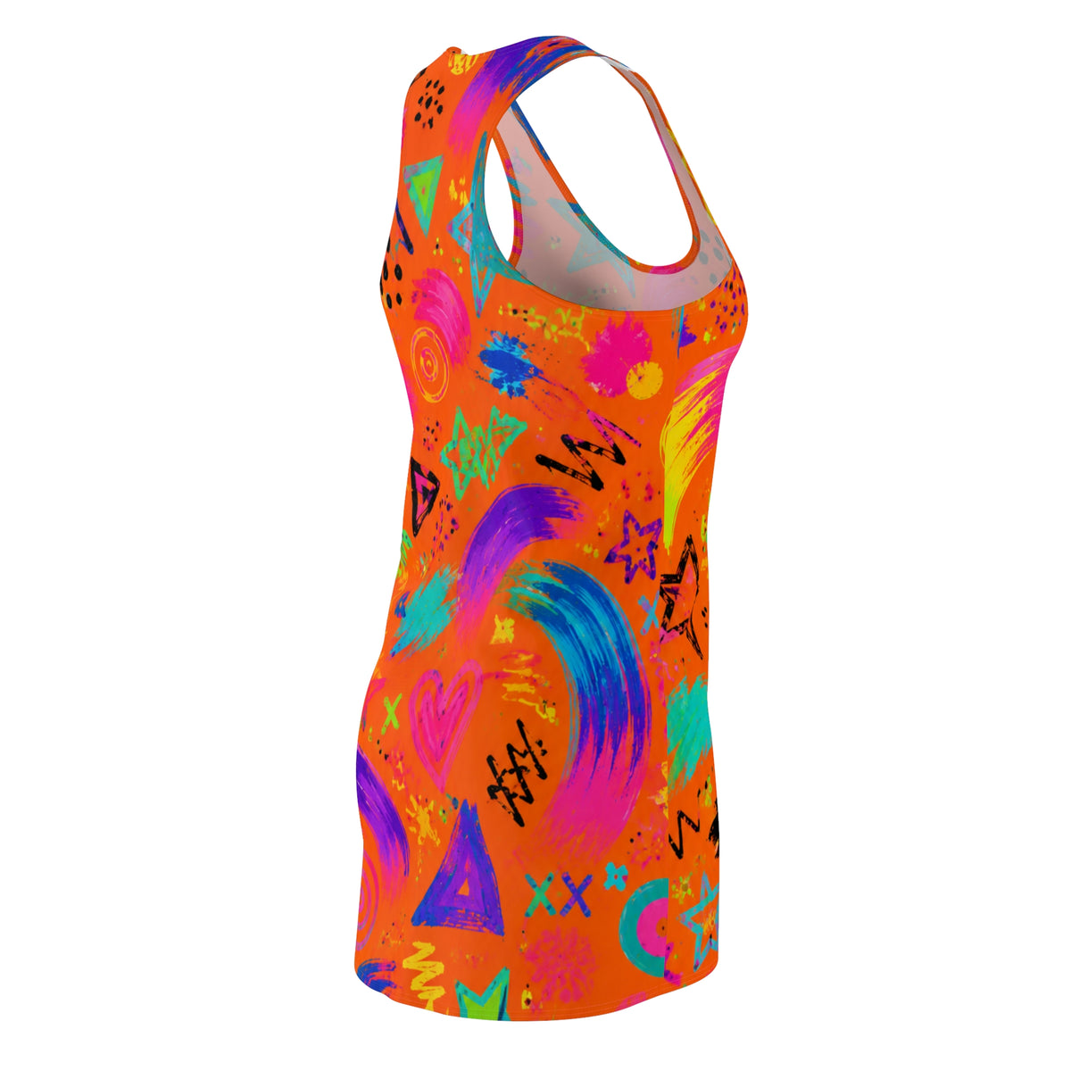 Neon Graffiti Racerback Dress — Bright Abstract Stars & Hearts All-Over Print