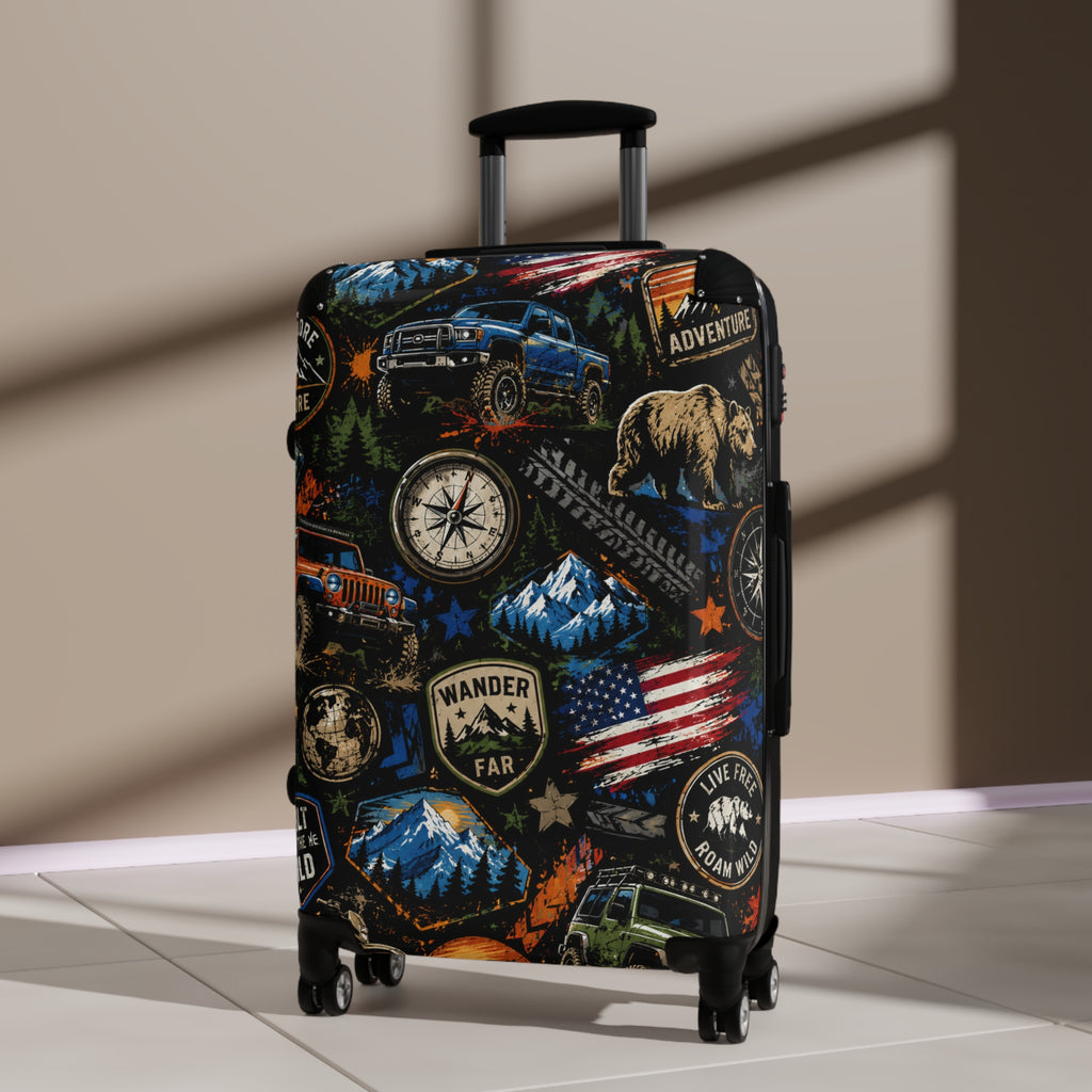 Adventure Patch Carry-On Suitcase – Wander Far Travel Luggage with Mountain, Compass & Bear Design