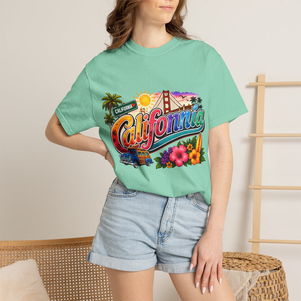 California Retro Sunset T-shirt | Golden Gate, Palm Trees & Surf