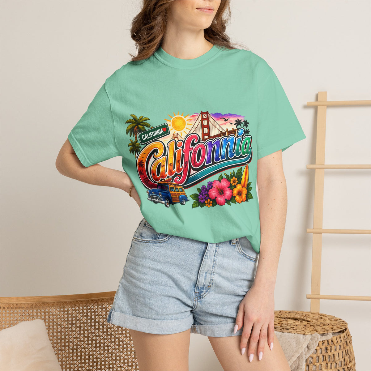 California Retro Sunset T-shirt | Golden Gate, Palm Trees & Surf